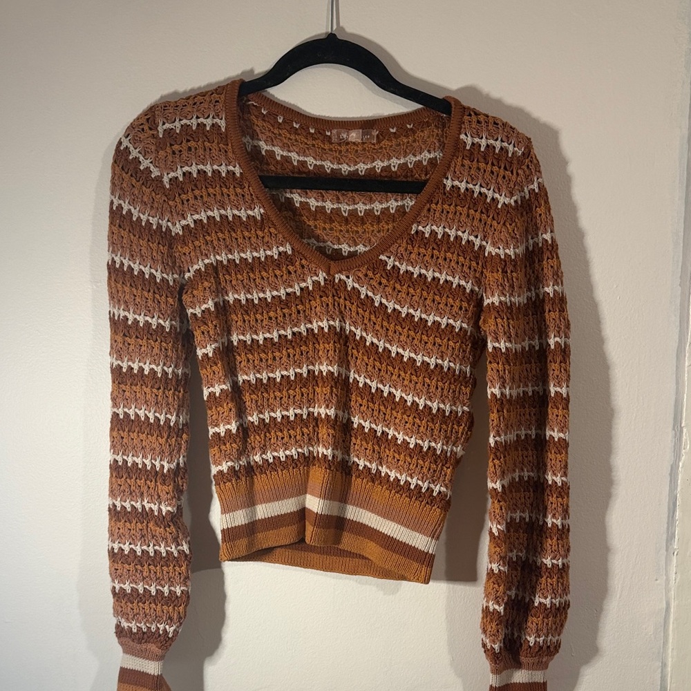 Brown and white V neck sweater, size S